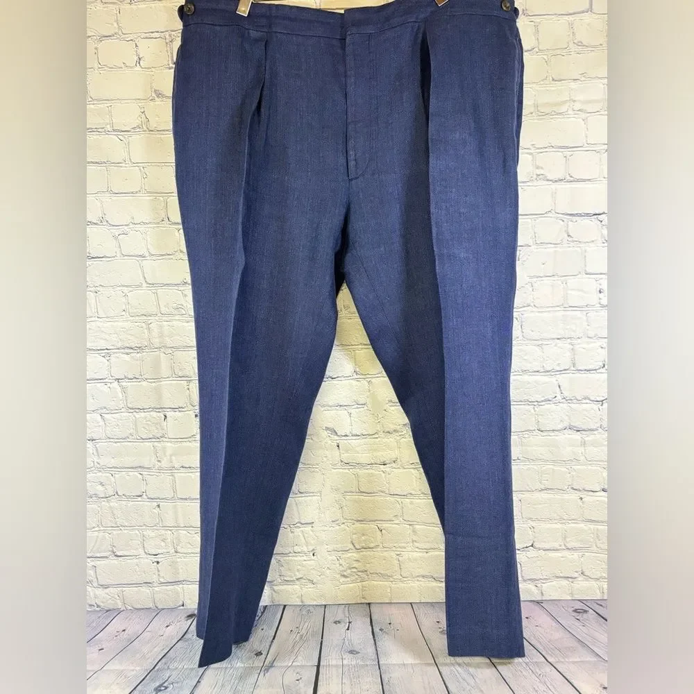 Ralph Lauren Purple Label Blue Linen Adjust Waist Pleated Classic Dress Pants 40